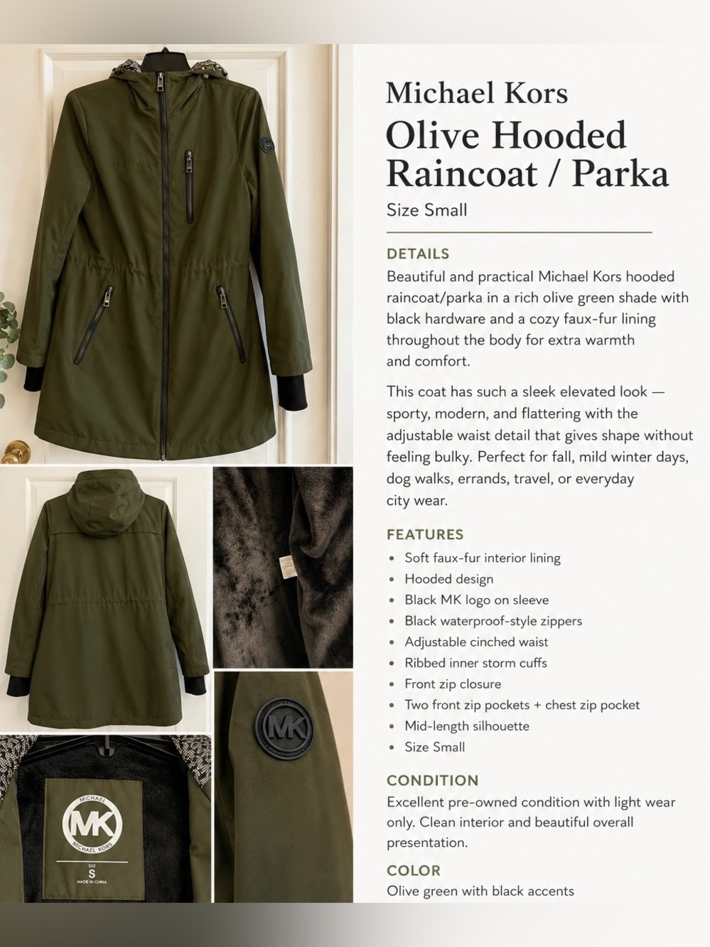 Michael Kors Olive Green Hooded Trench Coat - Picture 8 of 8